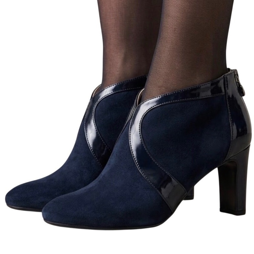 LifeStride Glamour Black Suede Patent Trim Ankle Boots Block Heel Size 11M